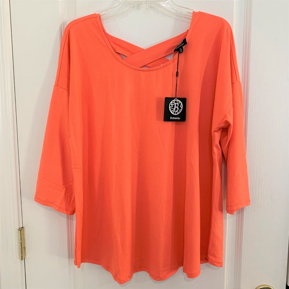 Bobeau Criss Cross Back Top ¾ Dolman Sleeve Pullover Coral Orange Size 1X NEW